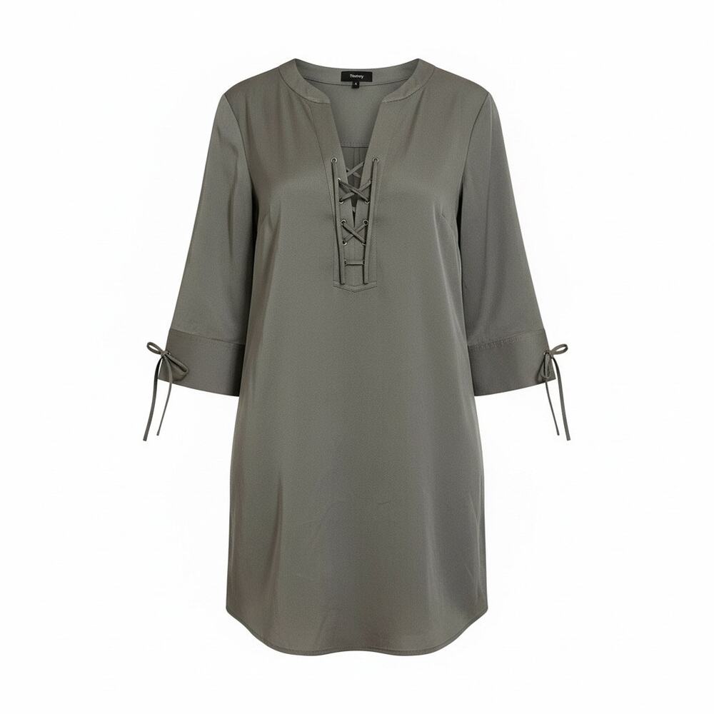 Theory‎ Dress Womens 4 Grey Jullitah R2L Lightweight Tencel Lace Up Tunic Olive